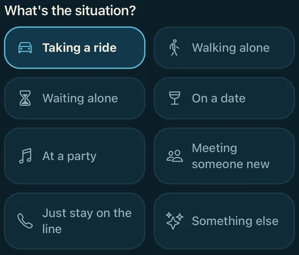 The app's situation picker for Keep me company, with Taking a ride chosen. The other choices are Walking alone, Waiting alone, On a date, At a party, Meeting someone new, Just stay on the line and Something else.