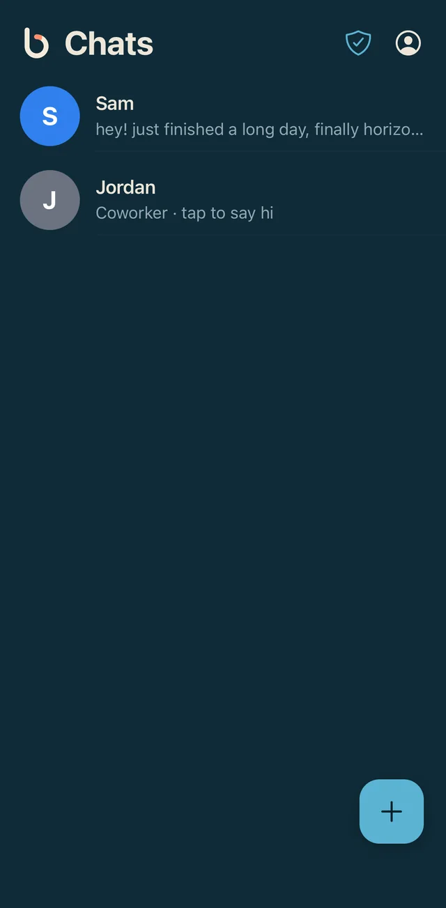 The Busyline chat list in dark mode showing two people, Sam and Jordan, under the Busyline logo.