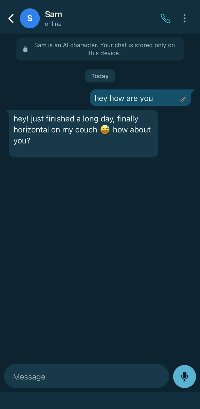 A Busyline chat with Sam. A note at the top reads: Sam is an AI character. Your chat is stored only on this device. Sam answers a greeting.